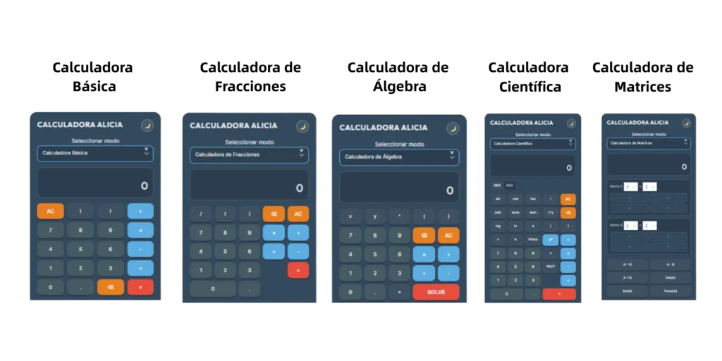 Modos de Calculadora Alicia: calculadora básica, científica, de fracciones, de álgebra y de matrices.