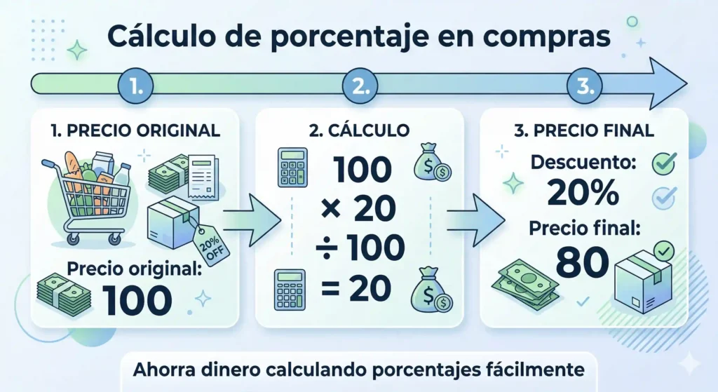 Cálculo de porcentaje en compras mostrando descuento del 20% sobre 100 con precio final 80 paso a paso