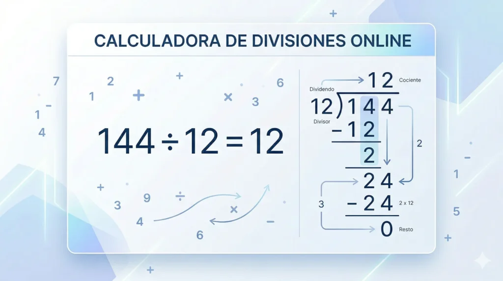 Calculadora de divisiones online mostrando ejemplo 144 dividido entre 12 con pasos paso a paso