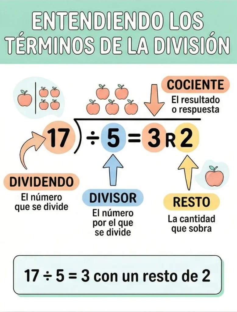 Términos de la división: dividendo, divisor, cociente y resto con ejemplo 17 ÷ 5 = 3 R 2