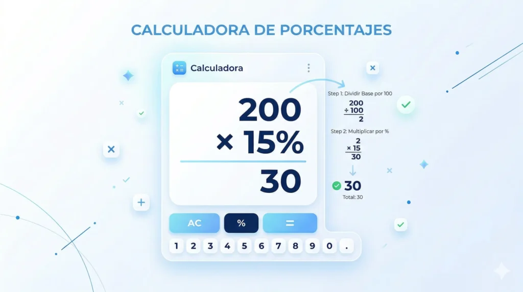 Calculadora de porcentajes online mostrando ejemplo de descuento 100 menos 20 por ciento igual a 80