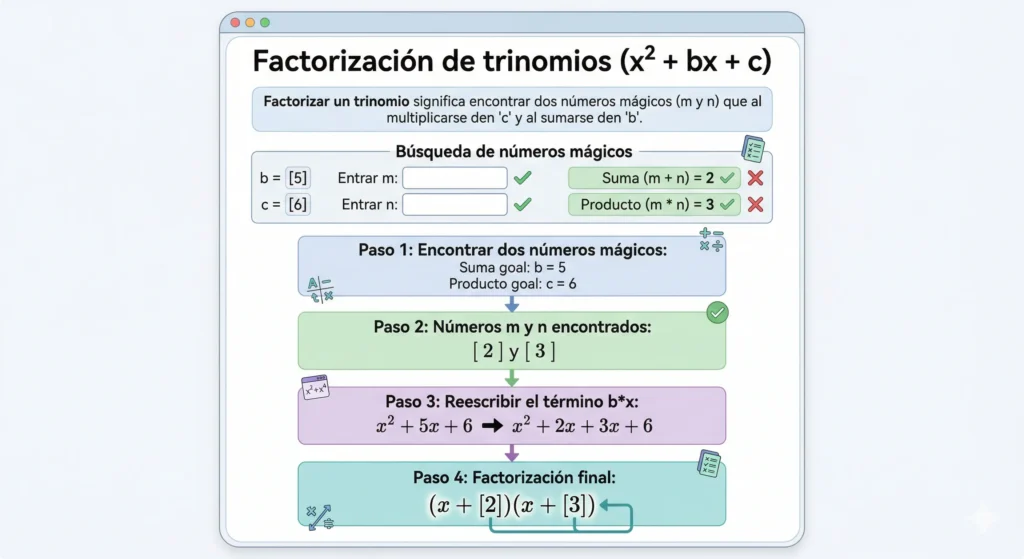 Factorización de trinomios x² + bx + c paso a paso con ejemplo x² + 5x + 6 = (x + 2)(x + 3)
