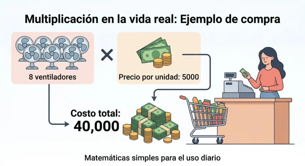 Ejemplo de multiplicación en la vida real con 8 ventiladores a 5000 cada uno (8 × 5000 = 40000)