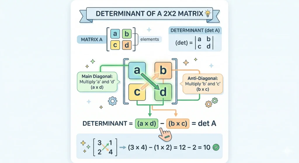 Fórmula del determinante de una matriz 2x2 (ad − bc) explicada con diagonales y ejemplo