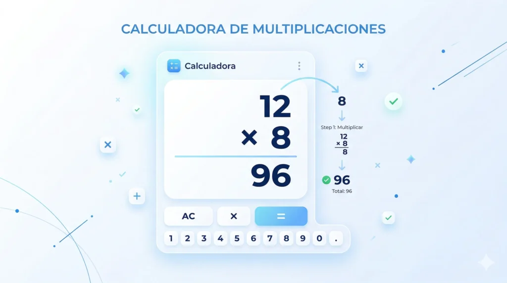 Calculadora de multiplicaciones online mostrando ejemplo 12 por 8 con resultado 96 paso a paso