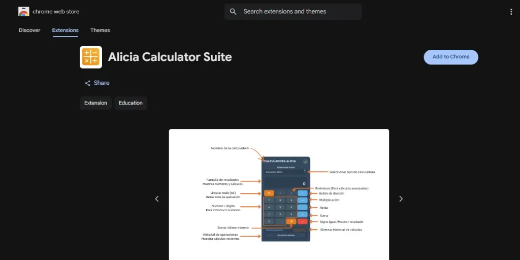 Alicia Calculator Suite en Chrome Web Store con el botón «Añadir a Chrome»