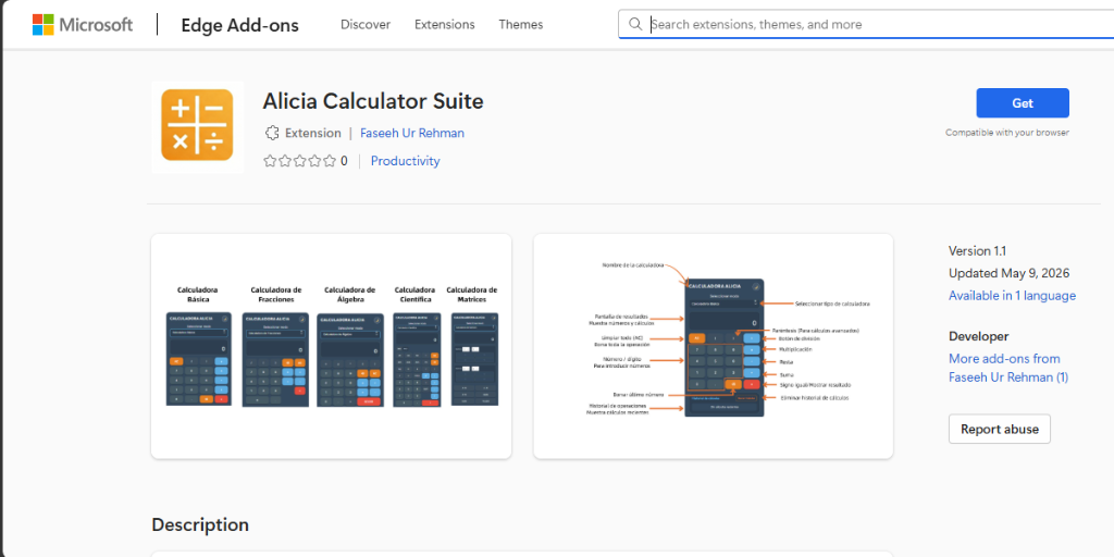 Alicia Calculator Suite en Microsoft Edge Add-ons, versión 1.1 actualizada en mayo de 2026