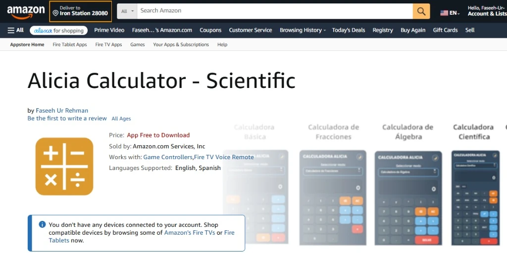 Página de la Calculadora de Alicia App (Alicia Calculator) en Amazon Appstore, gratis para descargar, con capturas de los modos Básica, Fracciones, Álgebra y Científica.