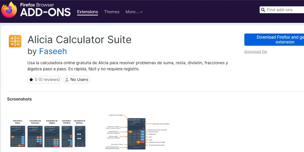 Alicia Calculator Suite en los complementos de Firefox, con sus cinco tipos de calculadora